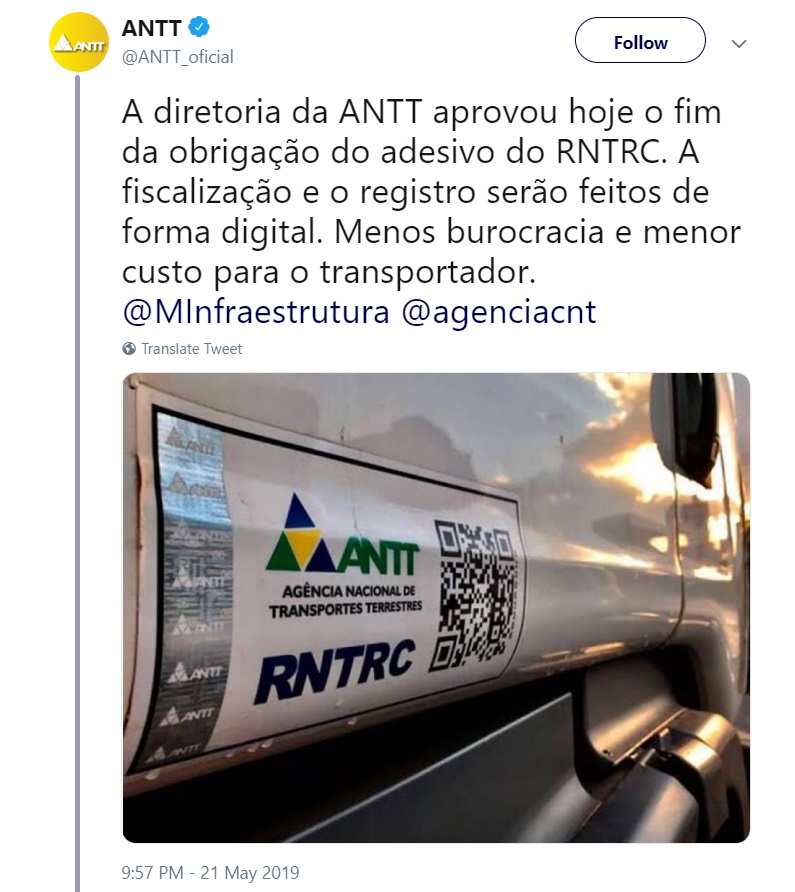 Adesivo do RNTRC não é mais obrigatório, segundo ANTT